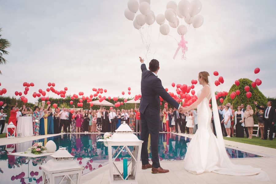 Bride and groom embracing at their wedding